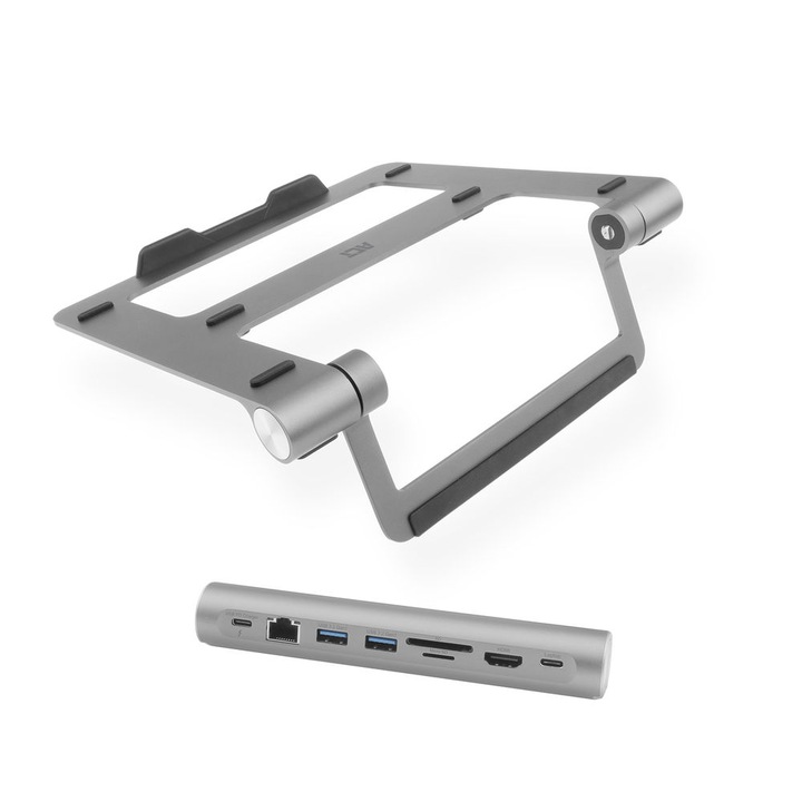 Suport laptop ACT AC8125, aluminiu, reglabil, statie de andocare USB-C detasabila, negru