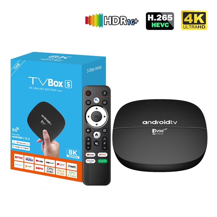 TV бокс, 4K HDR Mediaplayer, 4 ядра, Android 13.0, 2GB+16GB ROM, WiFi 2.4G/5G, HDMI, поддържа антена/Youtube/Netflix, функция за кастинг, черен