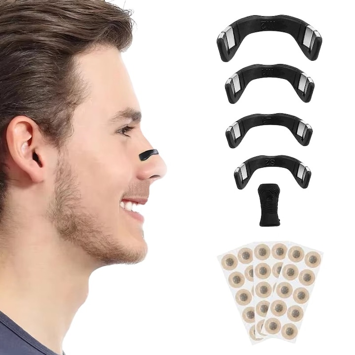 Магнитен назален дилататор, против хъркане и спортен, увеличава приема на кислород, 4 магнитни ленти с различни размери, апликатор, 30 магнитни пластира, устойчив на влага и удобен