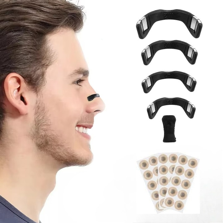 Dilatator nazal magnetic, antisforait si sport creste aportul de oxigen, 4 benzi magnetice de marimi diferite, aplicator, 30 plasturi magnetici, Rezistent la umezeala si confortabil