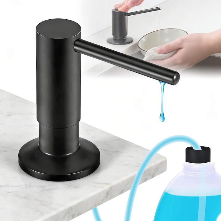 Dozator Incorporat de Sapun/Detergent Lichid BYONDSELF®, Montare pe Blat sau Chiuveta, Otel Inoxidabil, echipat cu furtun de 120 cm detasabil, Incorporabil, Usor de Reumplut, Negru