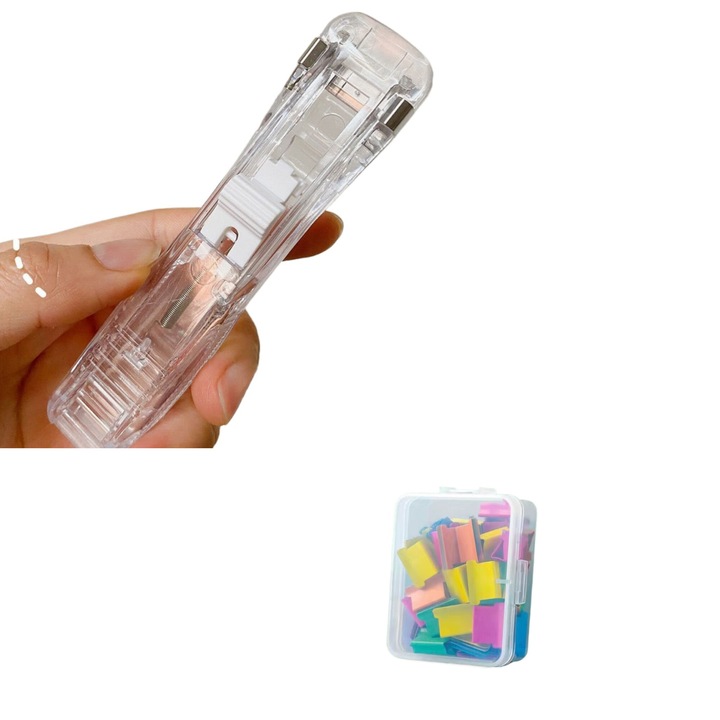 Прозрачна скоба за листове, с комплект от 50 цветни щипки, пластмасова, 115x25 мм