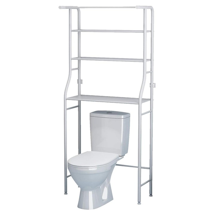 Fürdőszoba rendező polc, 3 szintes, fém keret, fehér, 155x46x25 cm, fúrás mentes, törölközők tárolása, kozmetikumok, higiéniai termékek, könnyen összeszerelhető, állítható lábak, modern és kompakt kialakítás