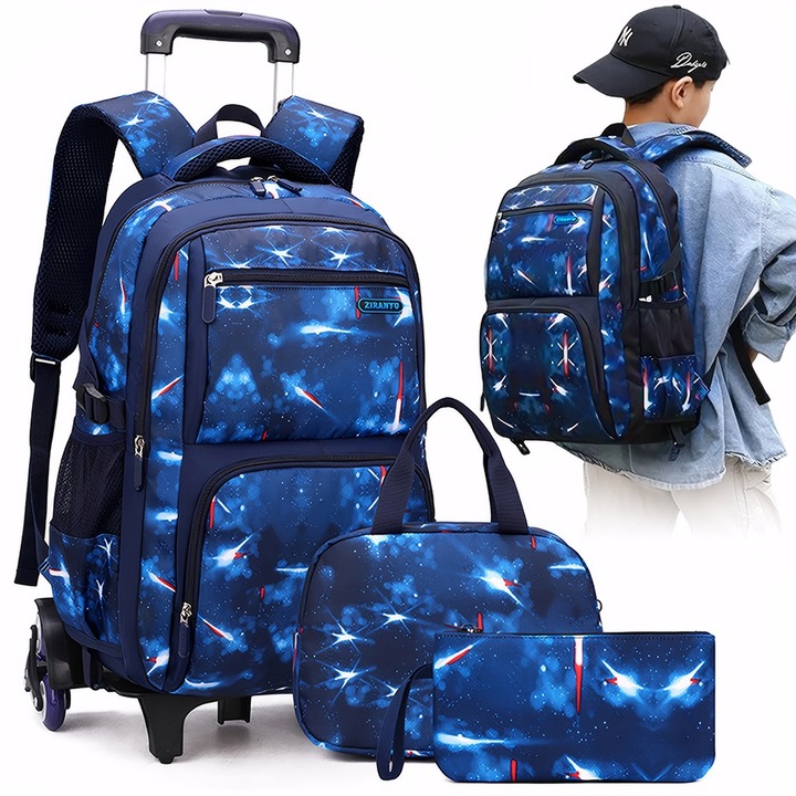 Set de geanti scolar din 3 piese, Noonedibs, cu geanta de creion, geanta de tote, impermeabila, rezistenta la uzura, bretele de umar respirabile, compartimente multiple, capacitate mare, albastru instelat