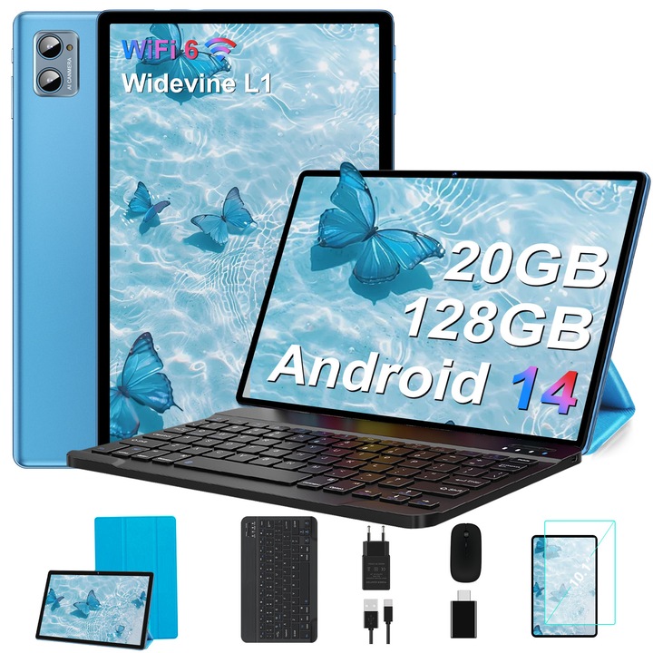 10.1-инчов Android 14 таблет с 20GB RAM + 128GB ROM, осемядрен процесор, WiFi 6, BT 5.0, 6000 mAh, 8MP + 5MP, с калъф, клавиатура и мишка, син