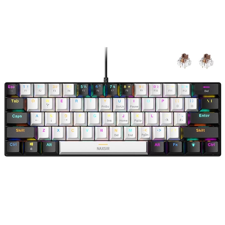Механична игрална клавиатура NAXSIR, 60%, 22 RGB осветление, 61 клавиша, Hot-Swap, с 2 резервни капачки, преносима, черно-бяла
