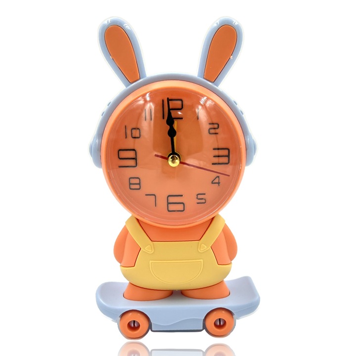Ceas desteptator copii, model iepuras pe skateboard, portocaliu