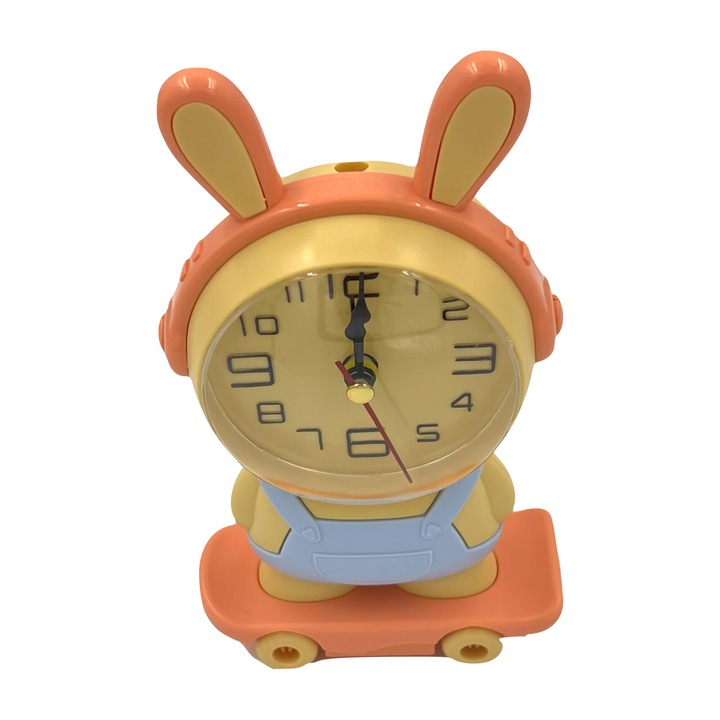 Ceas desteptator copii, model iepuras pe skateboard, galben