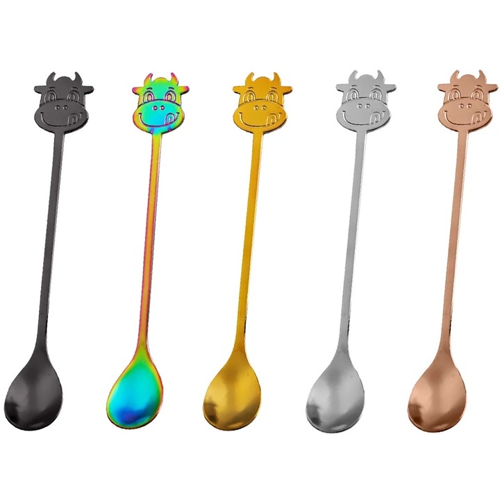 Set 5 linguri din inox cu maner in forma de cap de vaca, argintii, 14.50x2.00x1.00cm