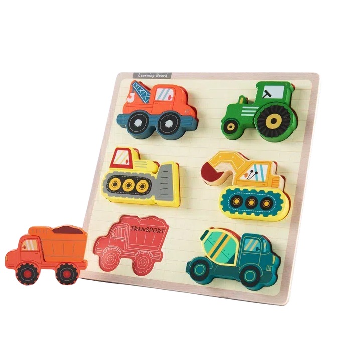 Дървен пъзел с фигури, детски, образователни играчки за деца 1-3 години, технически превозни средства Cognition, бежов