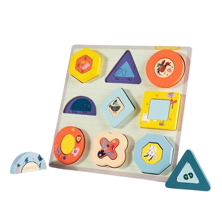 Дървен пъзел с форми, за деца, образователни играчки за деца 1-3 години, Graphic Cognition, бял