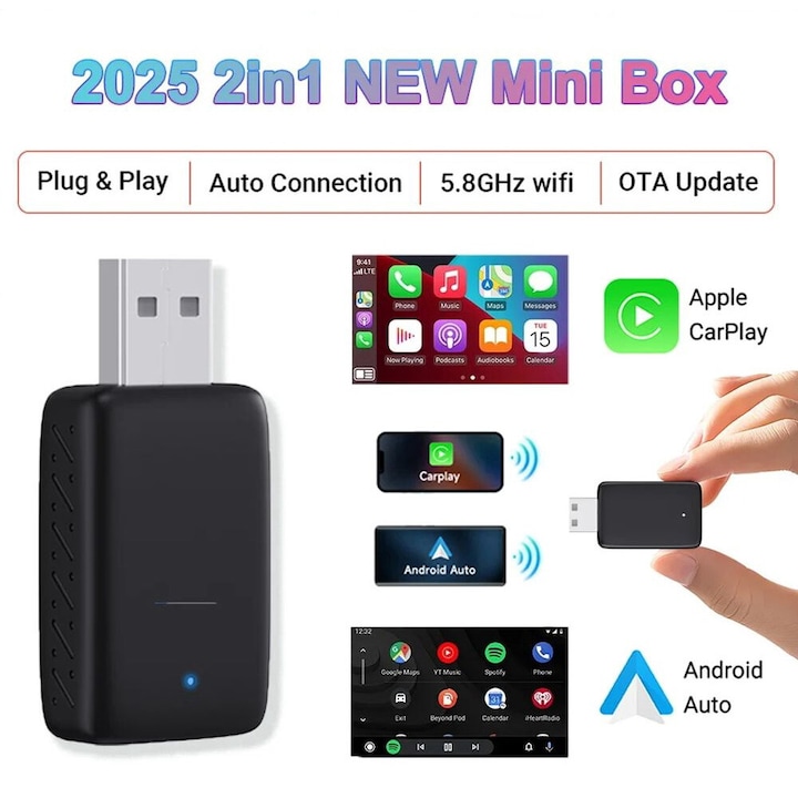Безжичен CarPlay & Android Auto 2-в-1 адаптер Staryon® Модел 2025, преобразува кабелната връзка в безжична, съвместим с автомобили с CarPlay или Android Auto чрез USB, мини кутия, автоматично свързване, черен
