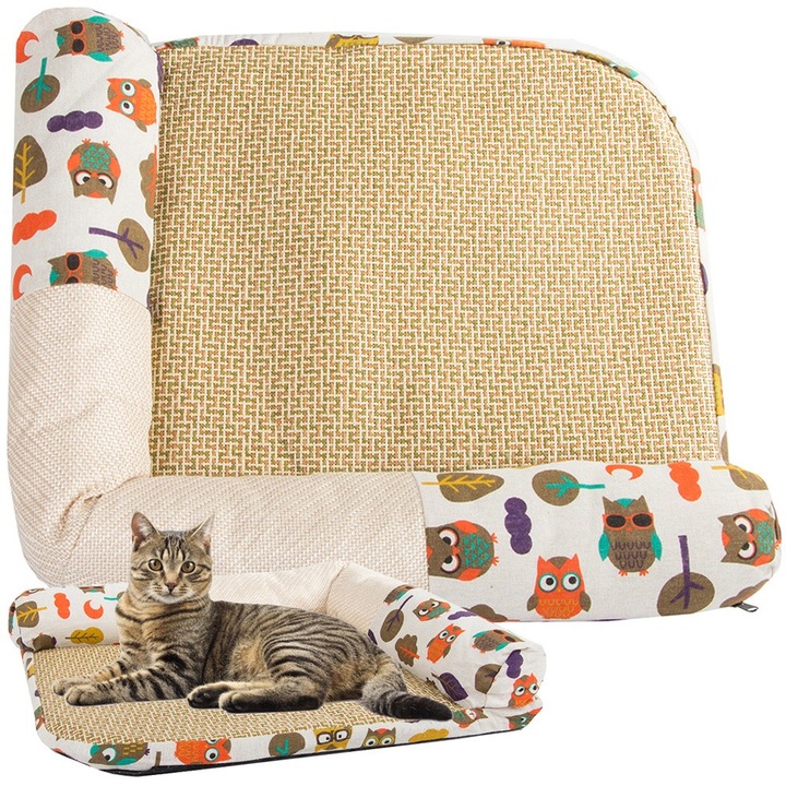 Pat pentru pisici 2-in-1, saltea confortabila si sisal pentru ascutirea gherutelor, moale, durabil si usor de curatat, 53 x 47 cm