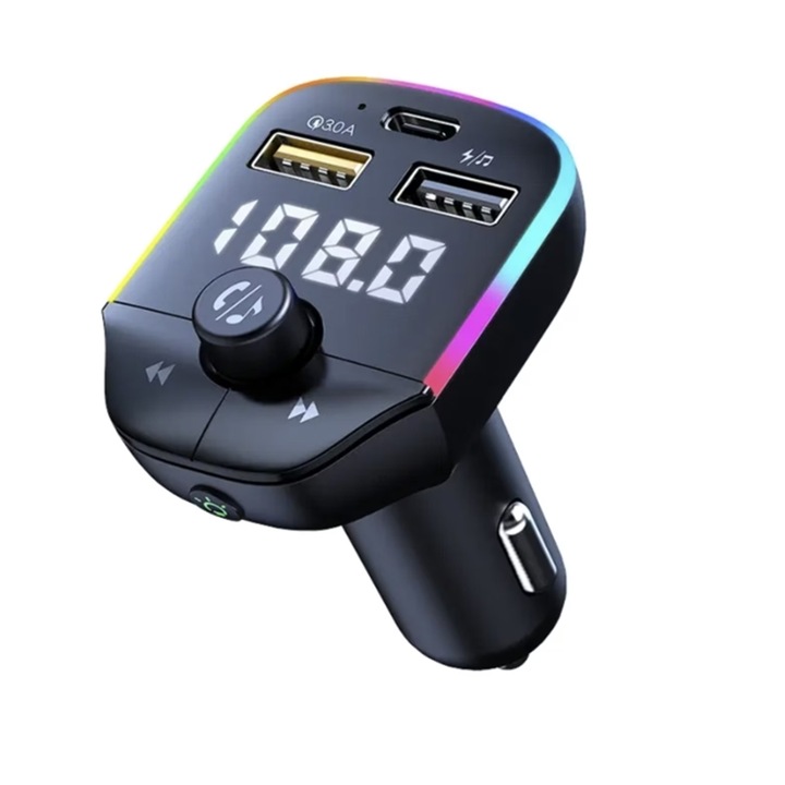 Autós FM Modulátor Bluetooth 5.0-val, Kihangosító Autós Készlet, FM Adó Autós Töltő Funkcióval, Gyors Töltés USB Type-C / USB 3.1A-n Keresztül, MP3 Lejátszó, LED Kijelző, Hangulatvilágítás, Fekete