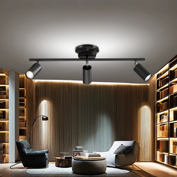 Aplica cu 3 spoturi orientabile, dulie GU10, culoare corp negru, montaj tavan/perete