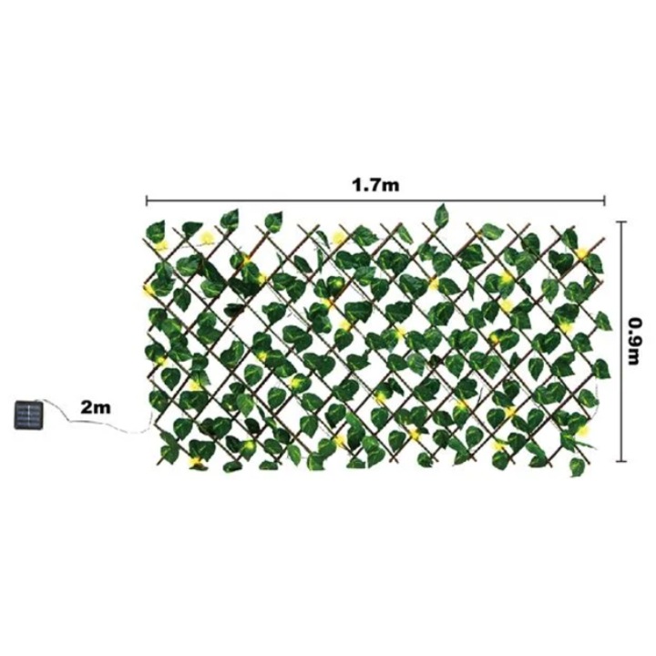Paravan/ Gard din Lemn cu Frunze & 50 Becuri LED cu 8 Functii 170x90cm - Lumina Alba design pentru balcoane, terase, zone decorative in curte, piscine, geamuri, scari