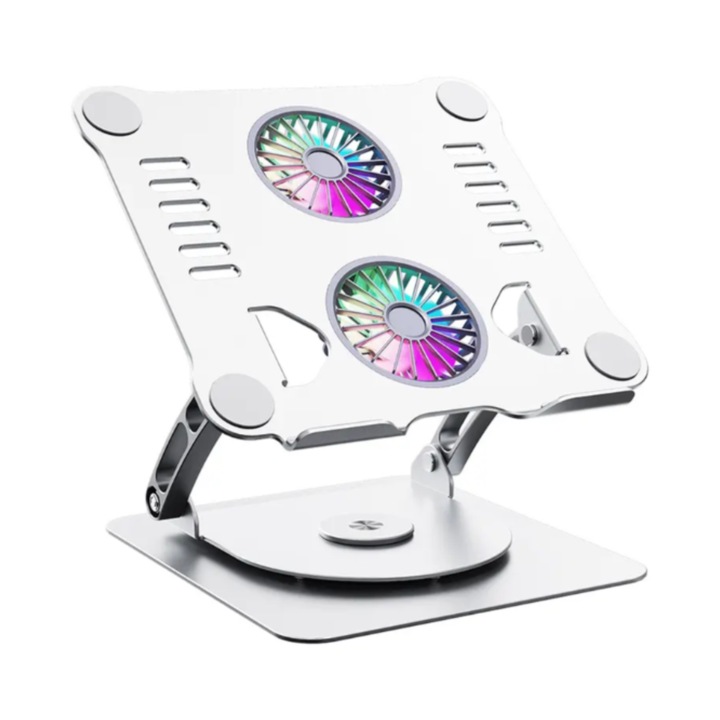 Cooler Laptop, Adsinio, Rotativ 360°, Pliabil, Portabil, Inaltime Reglabila, Anti-alunecare, Unghi Variabil, Racire Rapida, 2 Ventilatoare, Lumina Ambientala, Cablu de Conectare, Gri