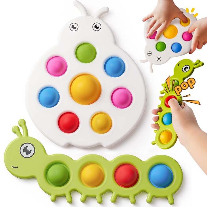 Set 2 Jucarie interactiva pentru bebelusi, BYONDSELF®, Pop It, Senzoriala, Forme de omida si buburuza, Apasare cu degetele, Cauciuc moale, Anti Stres, pentru 1-3 Ani