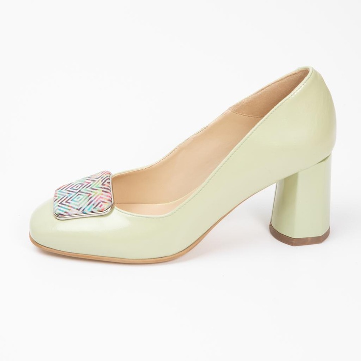 Pantofi dama clasic, TUNGUS, din piele naturala, culoare verde cu toc gros, Verde