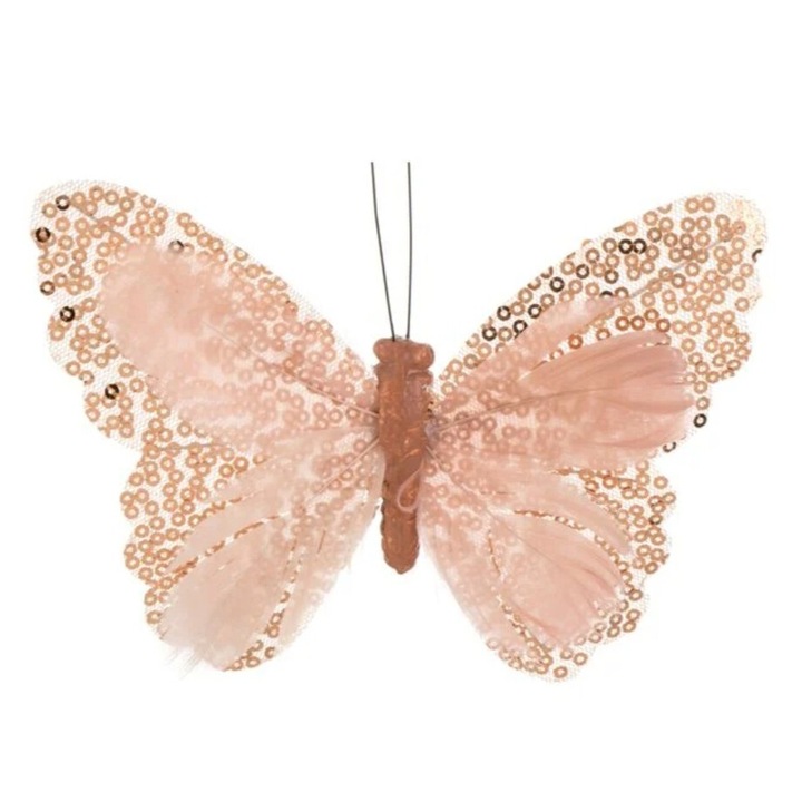 Fluture decorativ, perdea, cu clema metalica de prindere, bej, 15x11cm