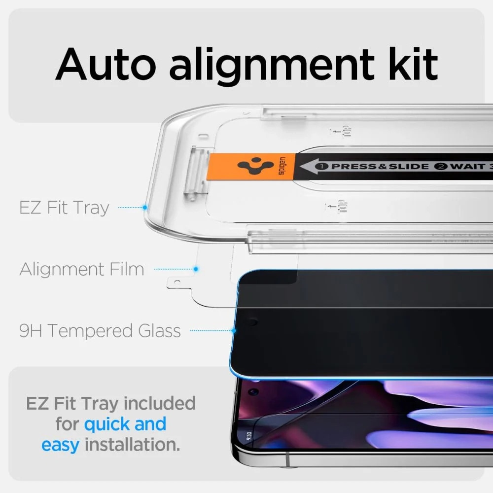 Folie de protectie Ecran Privacy Spigen EZ FIT pentru Google Pixel 9 / Pixel 9 Pro, Sticla Securizata, Full Glue, Set 2 bucati