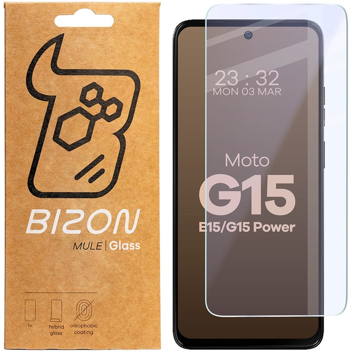 Üvegfólia Bizon Glass Mule kompatibilis Motorola Moto G15 / G15 Power / E15, átlátszó