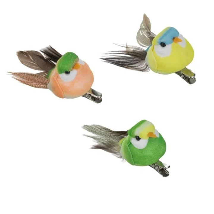 Set pasari decorative cu Pene colorate, pentru perdele, multicolore, 3buc, 7x3cm