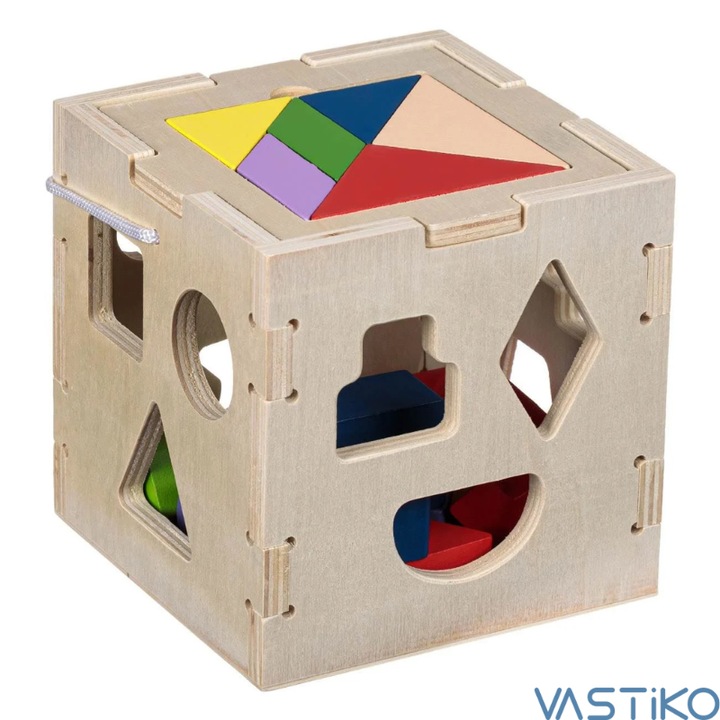 Cub lemn natural sortator cu 12 forme geometrice este jucaria ideala pentru stimularea dezvoltarii motorii si cognitive ale copiilor