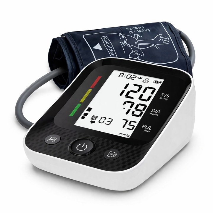 Tensiometru de brat EVONTECH®, 30W, Afisaj LCD, Detectie aritmie, Memorie 2 x 120 masuratori, Manseta 22-36 cm, Precizie ±3 mmHg, TAP to START, Negru