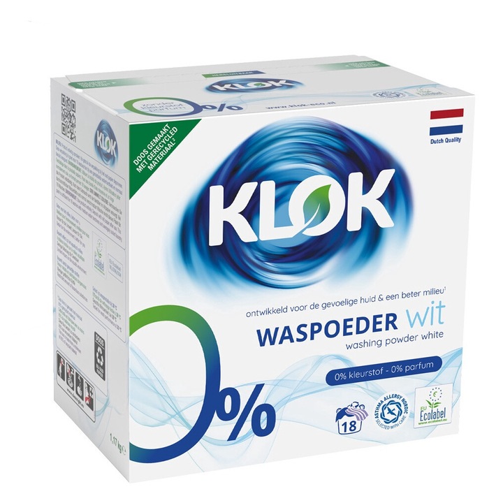 Detergent pudra KLOK pentru rufe albe 0% parfum, 0% coloranti, ecologic, 1, 17 kg (18 spalari)