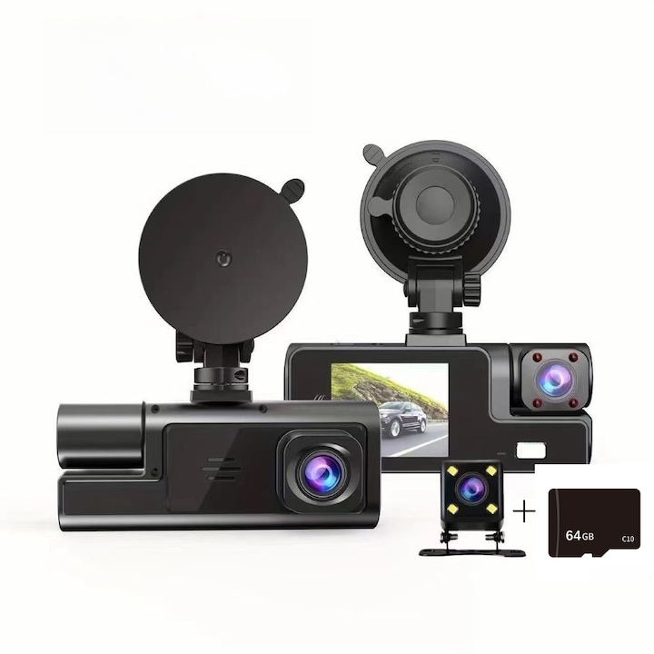 Видеорегистратор Full HD 1080P автомобилна камера, 3 обектива, 170° ултраширок ъгъл, 2-инчов IPS дисплей, нощно виждане, троен запис, цикличен запис, G-сензор, детектор на движение, черна