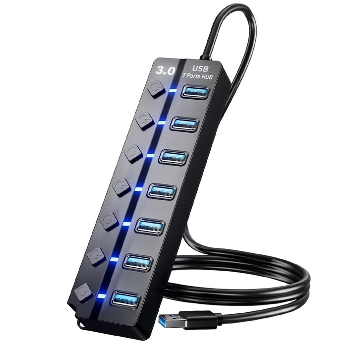 Хъб, 7 в 1, USB 3.0, независим превключвател, 7-портов USB хъб, DC 5V интерфейс за захранване в режим на готовност, KINSI, 30 см, черен