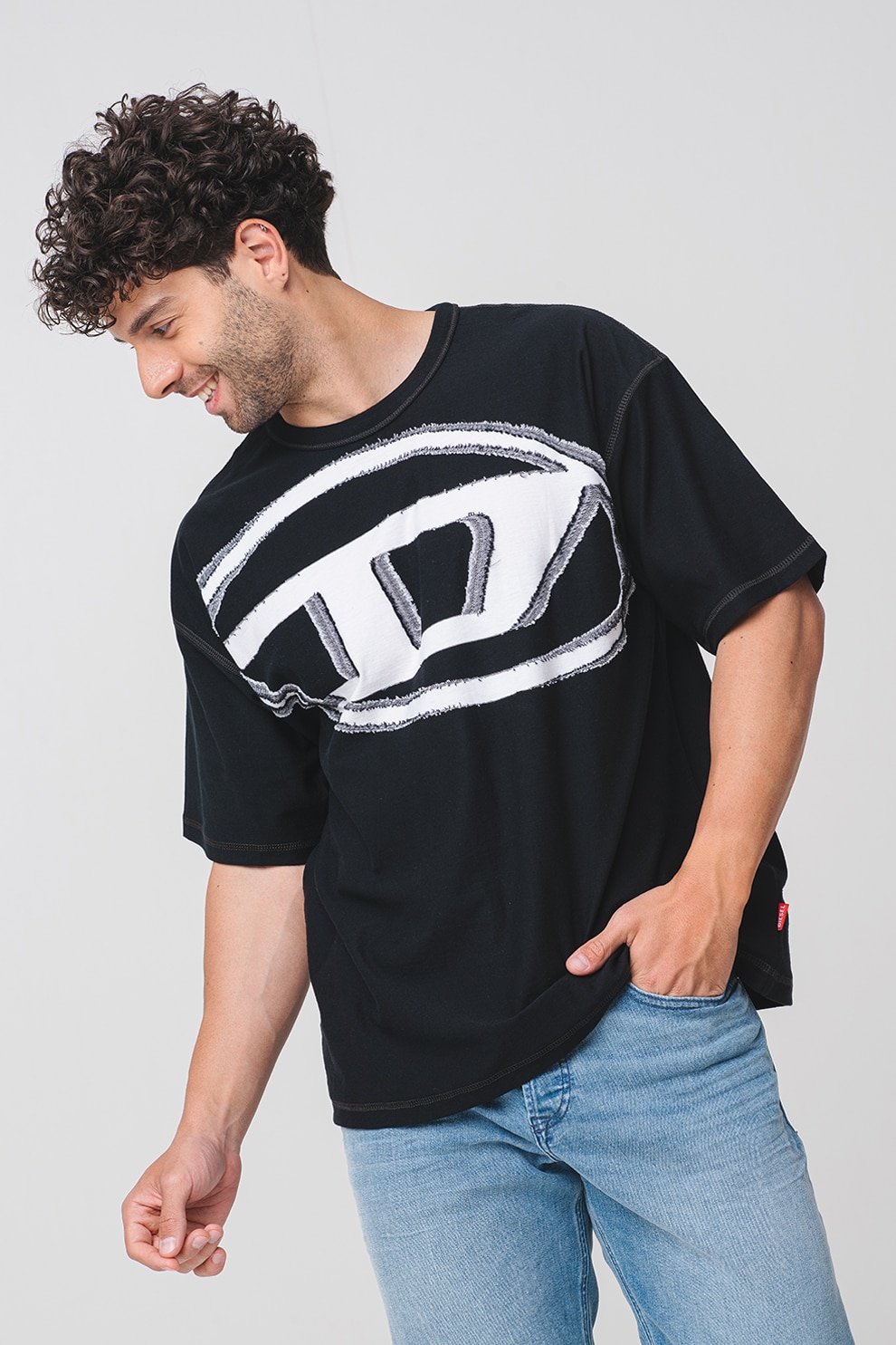 Diesel, Tricou cu imprimeu logo frontal, Negru, Alb murdar, L
