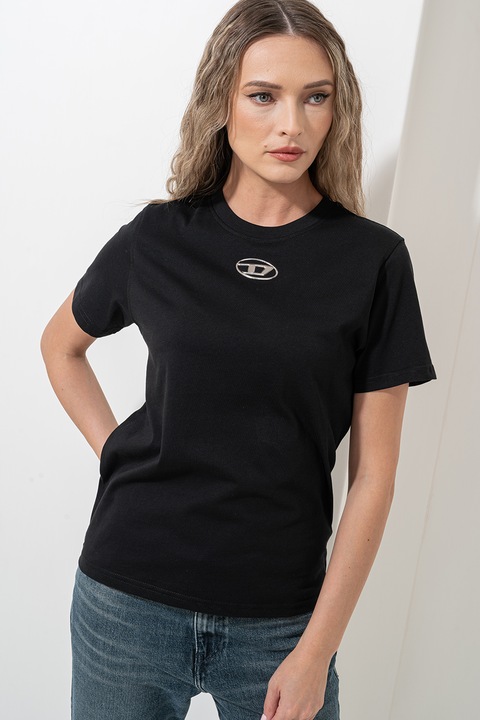 Diesel, Tricou cu decolteu la baza gatului si detaliu logo, Negru/Argintiu, XS