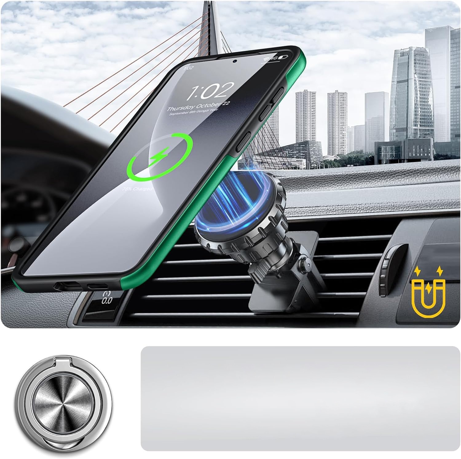 Husa pentru Samsung Galaxy S24 FE, MobileSmart, Hibrid Antisoc, Inel Rotativ 360° Magnetic pentru Suport Auto, Verde