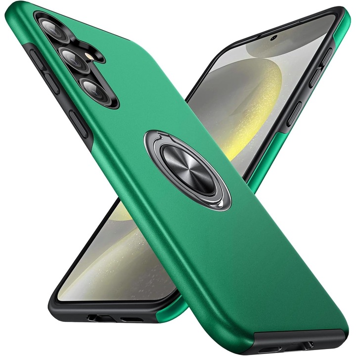 Husa pentru Samsung Galaxy S24 FE, MobileSmart, Hibrid Antisoc, Inel Rotativ 360° Magnetic pentru Suport Auto, Verde
