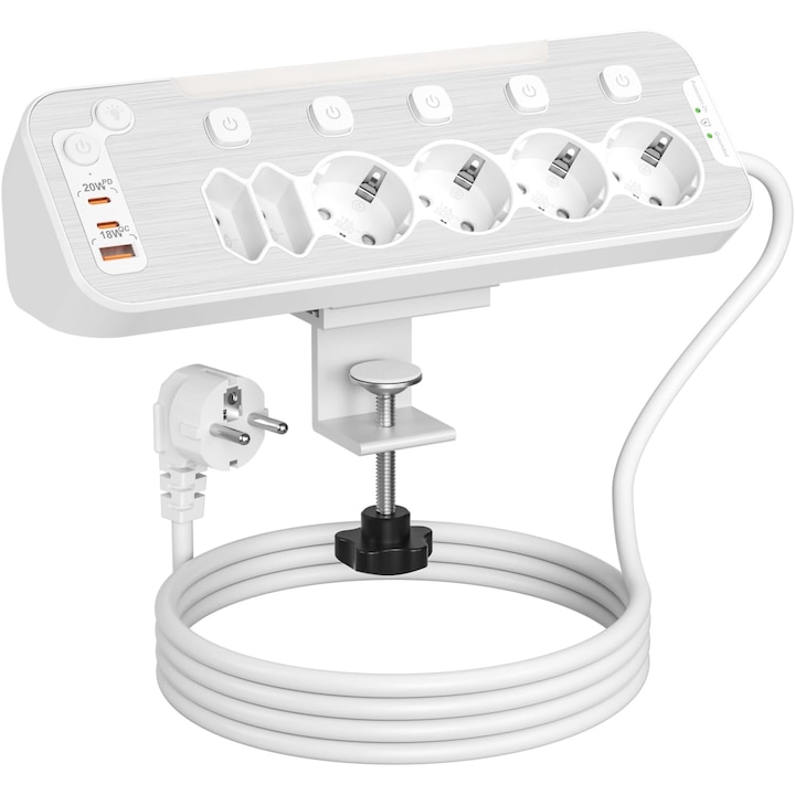 Fali/sarok hosszabbító kábel, 6 aljzat egyedi kapcsolóval, 2 USB-C PD 20W port, 1 USB-A 18W QC port, éjszakai lámpa, asztali rögzítéssel, 2 m kábel, túlfeszültség védelem, fehér