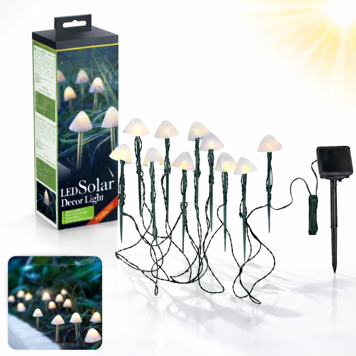 Set 10 Lampi solare gradina Macvi® alb cald IP65 rezistente la apa cablu 5 m panou solar 2V 185mA inaltime tija 18 cm diametru lampa 4.5 cm iluminat exterior alei curte terasa