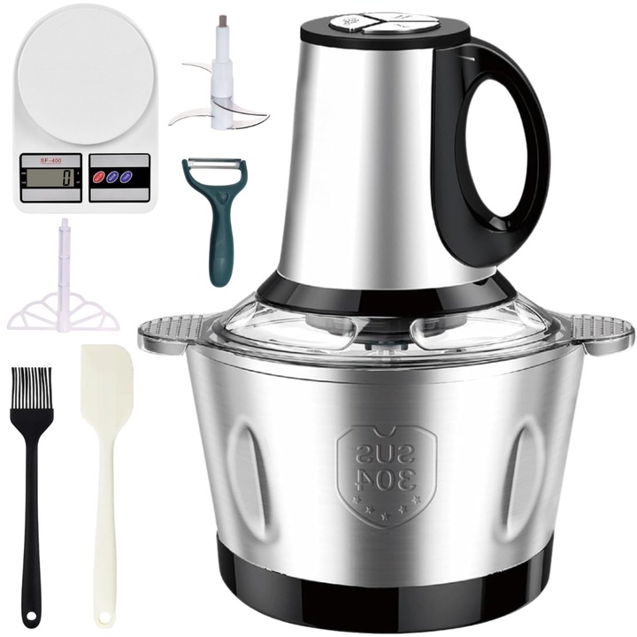 Електрическа резачка за храна Zoaways™, 400 W, капацитет 3 л, 3 скорости, купа от неръждаема стомана, 2 остриета от неръждаема стомана, бъркалка за яйца, шпатула, белачка за зеленчуци, четка за почистване и кухненска везна в комплекта