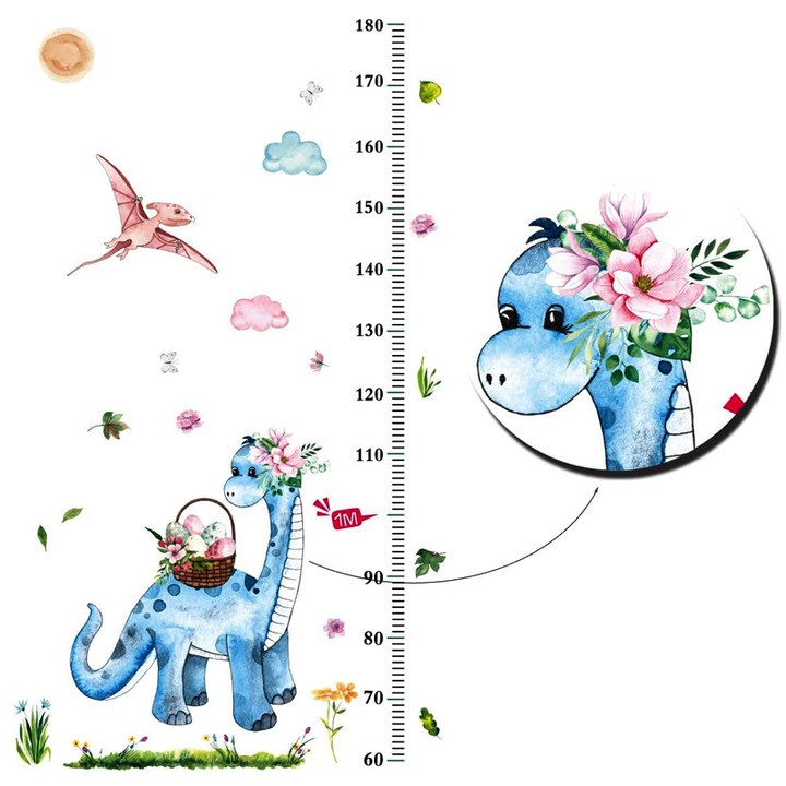 Sticker autocolant CCmax, metru pentru masurare inaltime copii, model Dinozaur, 60-180 cm pentru Camera Copiilor, Dormitor, Living, Scoala sau Gradinita, Aplicabil pe Mobila, Geam sau Perete