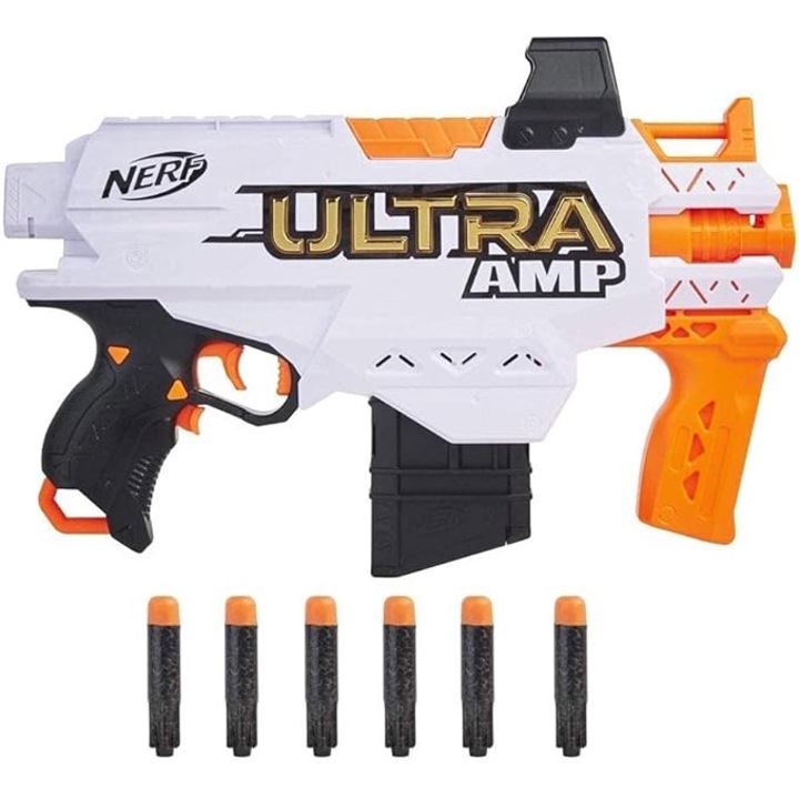 Blaster NERF Ultra AMP - Blaster Motorizat cu 6 Darturi NERF Ultra