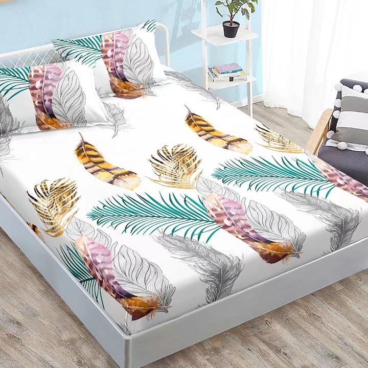 Finet Gros NufJoy® elasztikus illeszkedő lepedőkészlet matrachoz 160x200 cm és 2 párnahuzathoz 50x70 cm Tollak Tarka