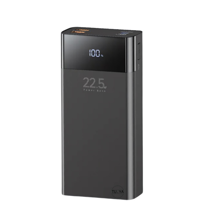 TU&YA® hordozható külső akkumulátor 20 000 mah, Pd 20W + Qc 22,5W, Power bank gyorstöltéssel, digitális kijelző, 4 port kompatibilis a legtöbb eszközzel, be-/kikapcsoló gomb, fekete