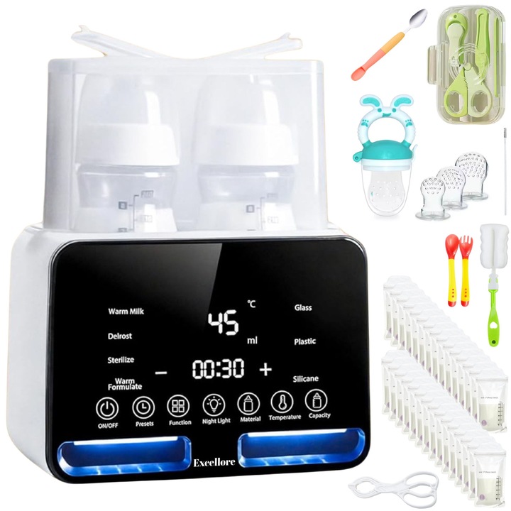Incalzitor Sterilizator Dublu Biberoane Excellore™, Multifunctional 9 in 1, Ecran Tactil, Mentine Temperatura 48h, Fara BPA, Perii Biberoane, Lingura cu 2 capete, 30x Pungi Stocare Lapte, Suzeta Hranire, Tacamuri Termice si Set Ingrijire Unghii incluse