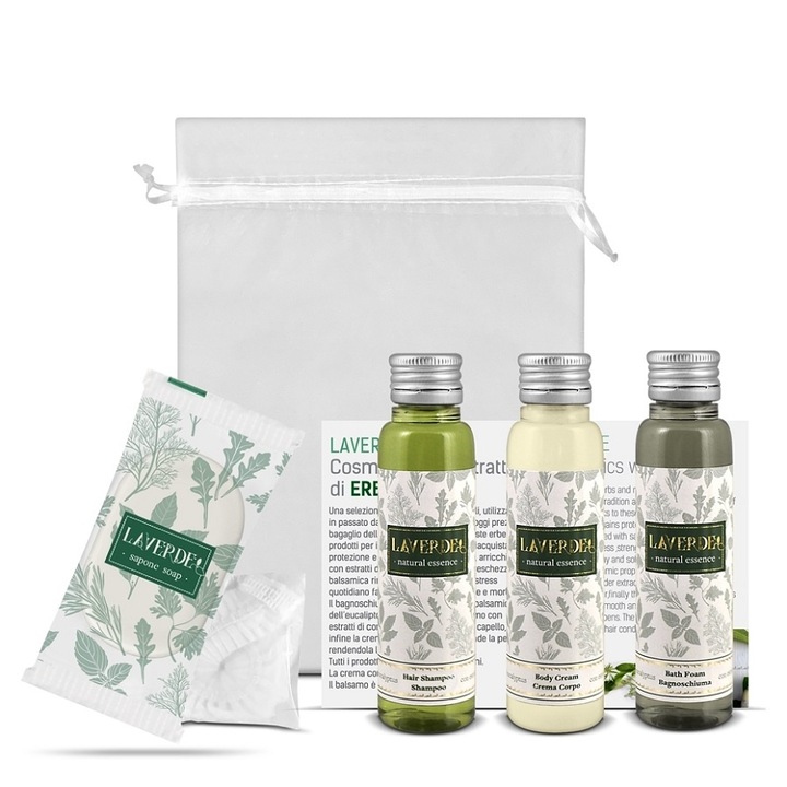 Set cosmetice hotel LAVERDE, Sampon 35 ml cu Salvie, Gel de dus 35 ml cu Eucalipt, Crema de corp 35 ml cu Ienupar, Sapun Vegetal 10 g,, Casca de Dus, Minipliant de prezentare