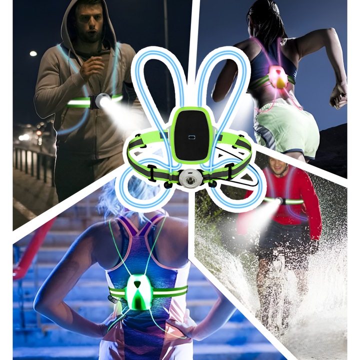 Vesta reflectorizanta cu LED, cu lanterna frontala, unghi reglabil, 3 moduri de iluminare, vizibilitate maxima, design casual, Verde