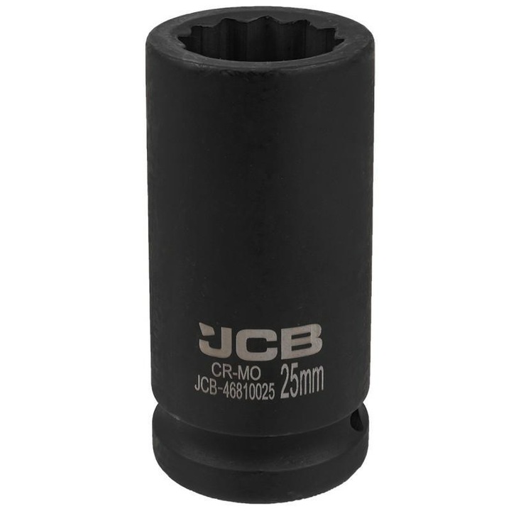 Mélyütős aljzat, JCB, króm-molibdén, 3/4", 25 mm, 12 pontos, ütvecsavarozókhoz adaptálva, fekete