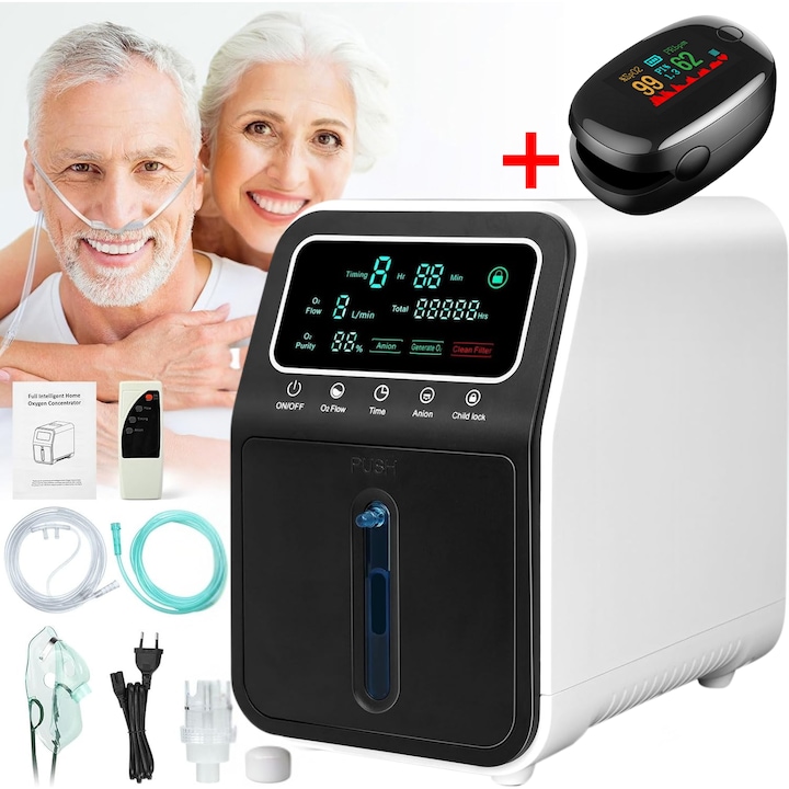Concentrator de Oxigen Portabil NeoHGS, Capacitate 1-9L/min, Telecomanda, Functie de Aerosoli/Nebulizator, Atomizor, Concentratie Reglabila, Puritate Oxigen 94%, 5kg, Alb
