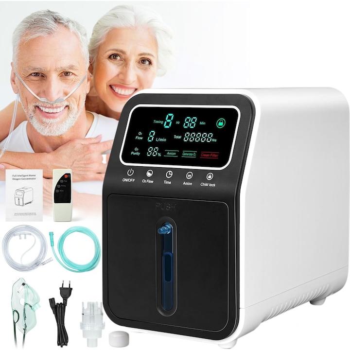 NeoHGS hordozható oxigénkoncentrátor, kapacitás 1-9L/perc, távirányító, aeroszol/porlasztó funkció, porlasztó, állítható koncentráció, oxigéntisztaság 94%, 5kg, fehér