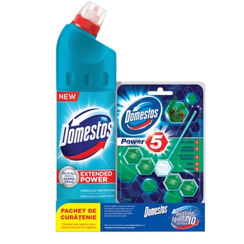 Dezinfectant inalbitor anticalcar Domestos Atlantic, 750 ml + Odorizant toaleta Domestos Power 5 Pine, 55G Dezinfectant inalbitor anticalcar Domestos Atlantic, 750 ml + Odorizant toaleta Domestos Power 5 Pine, 55G